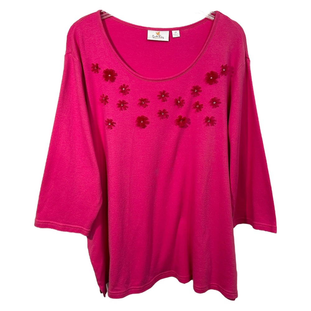 Quacker Factory Plus Size 2X Top Pink Floral 3/4 Sleeve‎ Knit Blouse Mature 583